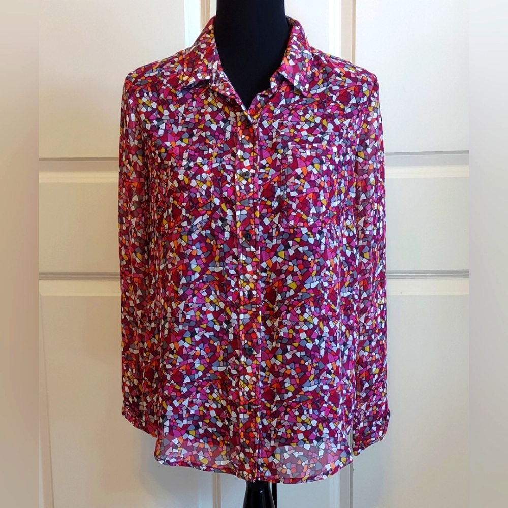 Liz Claiborne Semi Sheer Long Sleeve Button Front Blouse EUC